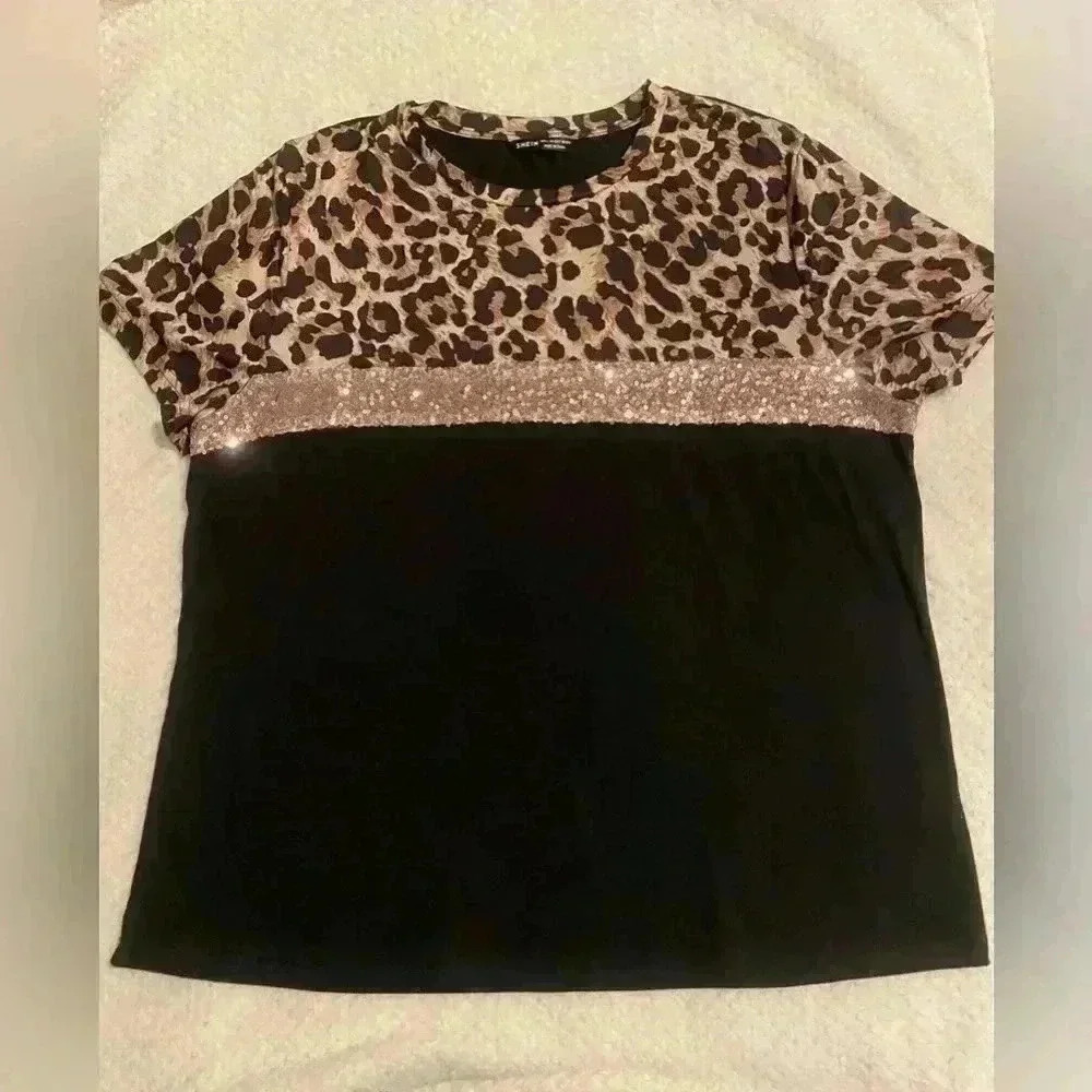 SHEIN top in leopard print with sequins and bottom & back is black size Medium
